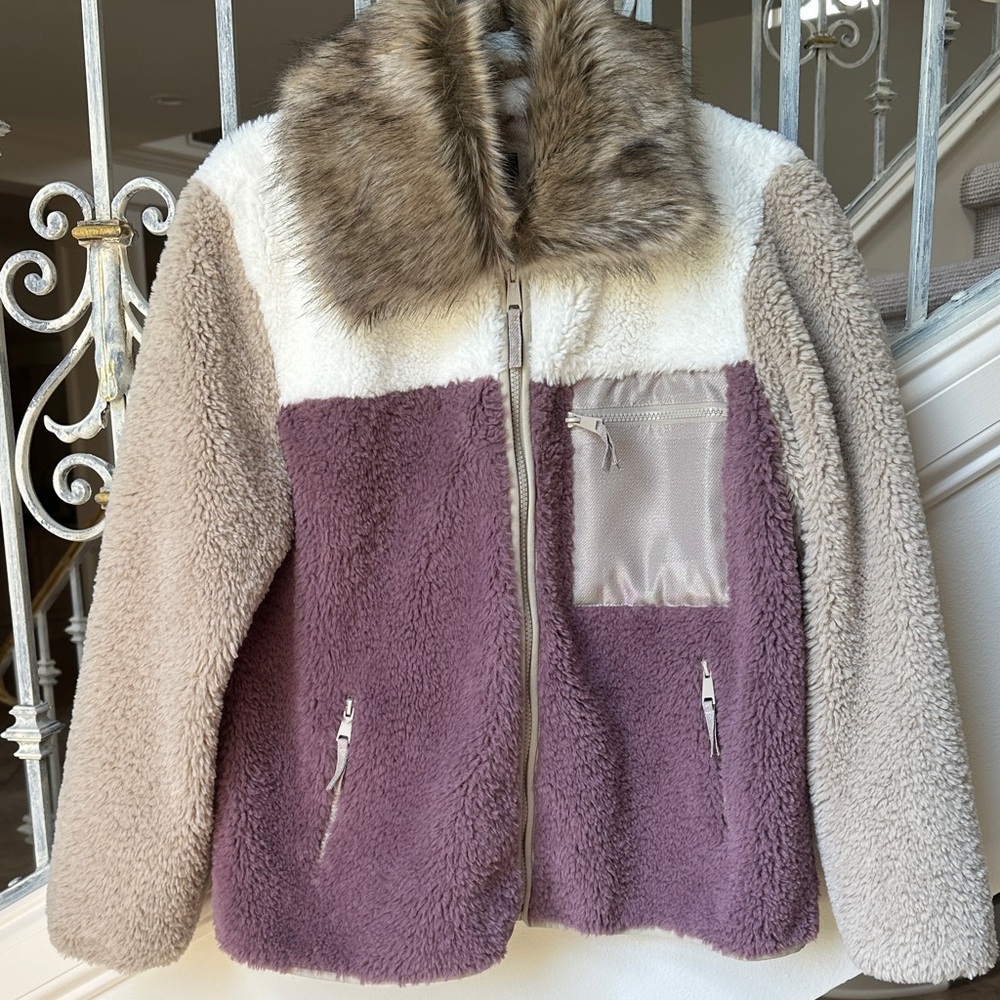 Tribal Colorblock Teddy Jacket with Faux Fur Collar